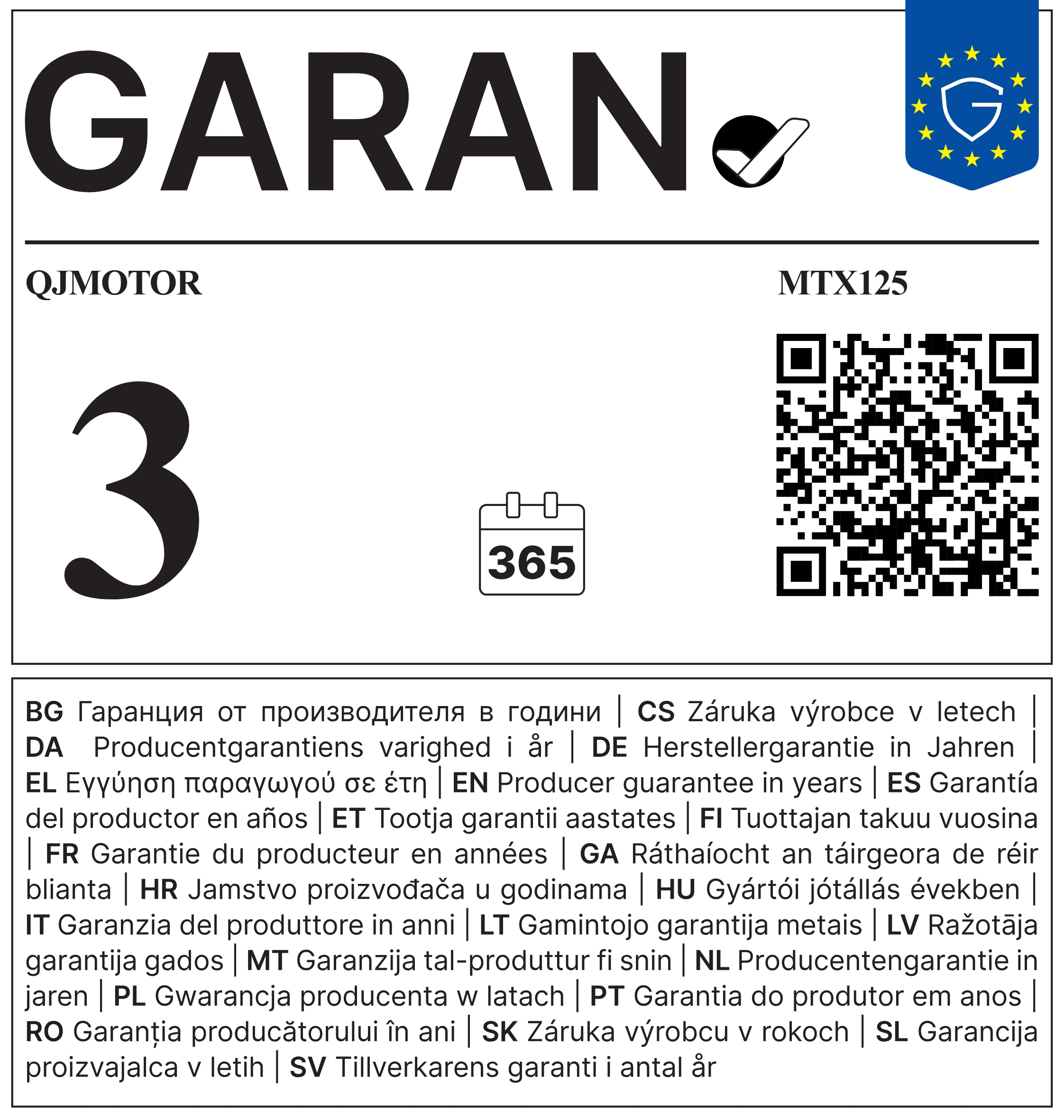Offizielles EU-GARAN-Label für QJMOTOR MTX 125: 3 Jahre Herstellergarantie